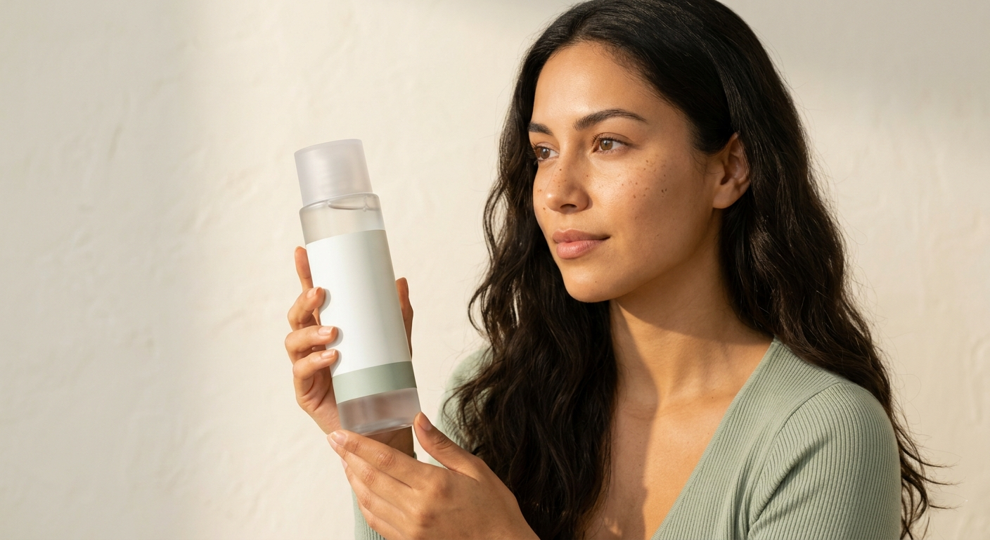 A woman holding a hydrating essence