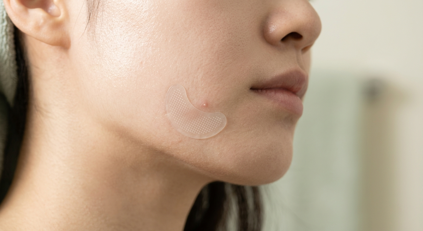 Close-up of skin with a hydrocolloid acne patch on a blemish